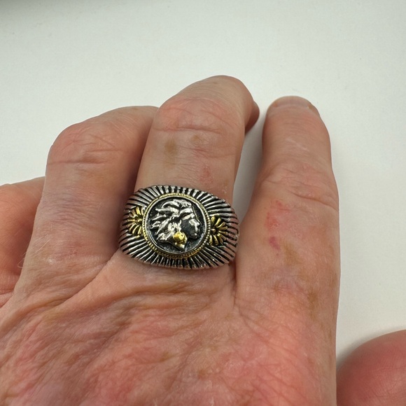 New Two Toned 925 Stamped Silver -Gold Color Native American Head Design Ring - Picture 16 of 16